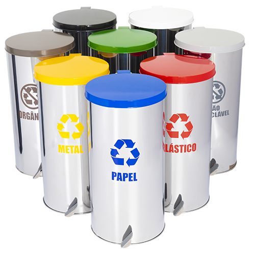 LIXEIRA EM AÇO INOX, COM TAMPA COLORIDA, ACIONADA POR PEDAL